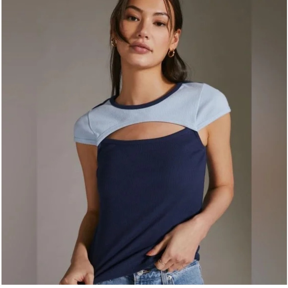 MAEVE ANTHROPOLOGIE CUTOUT COLORBLOCK BABY TEE NAVY BLUE